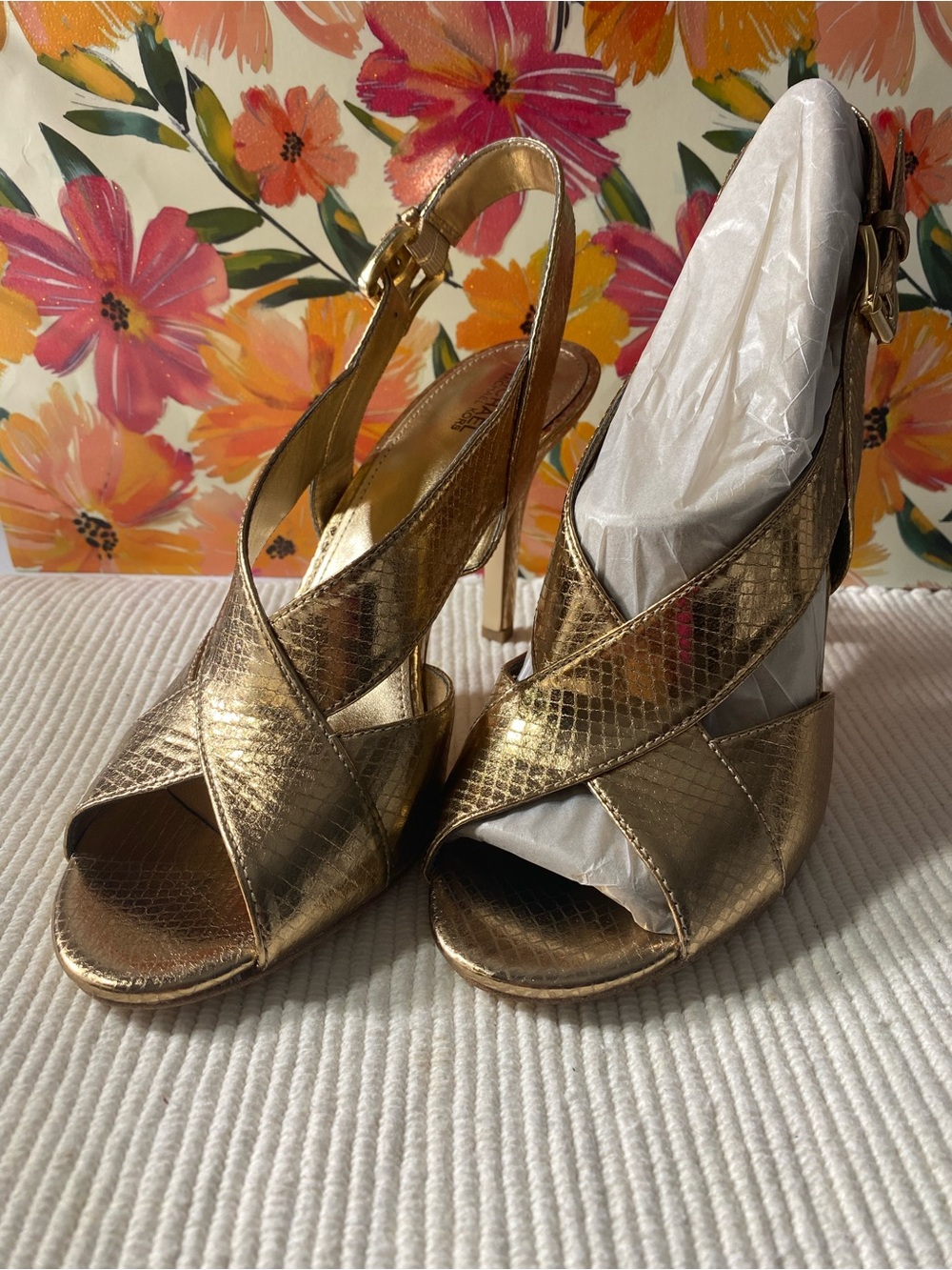 Michael Kors “Becky” Antique Gold Metallic Crisscross Slingback Heels